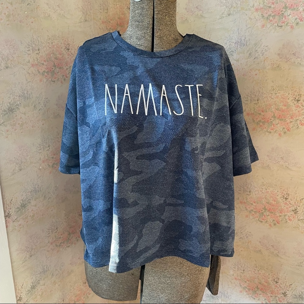 NWT RAE DUNN Namaste Camo Mesh Open Keyhole Back Short Sleeve Tee China Blue…